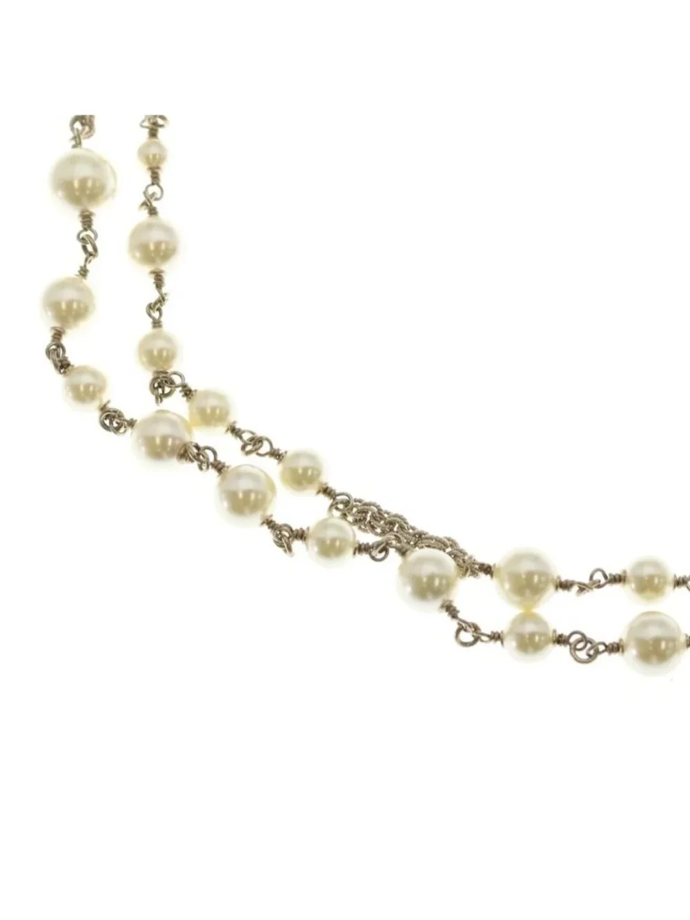 Chanel CC Logo Double Strand Pearl Pendant Chain White Gold